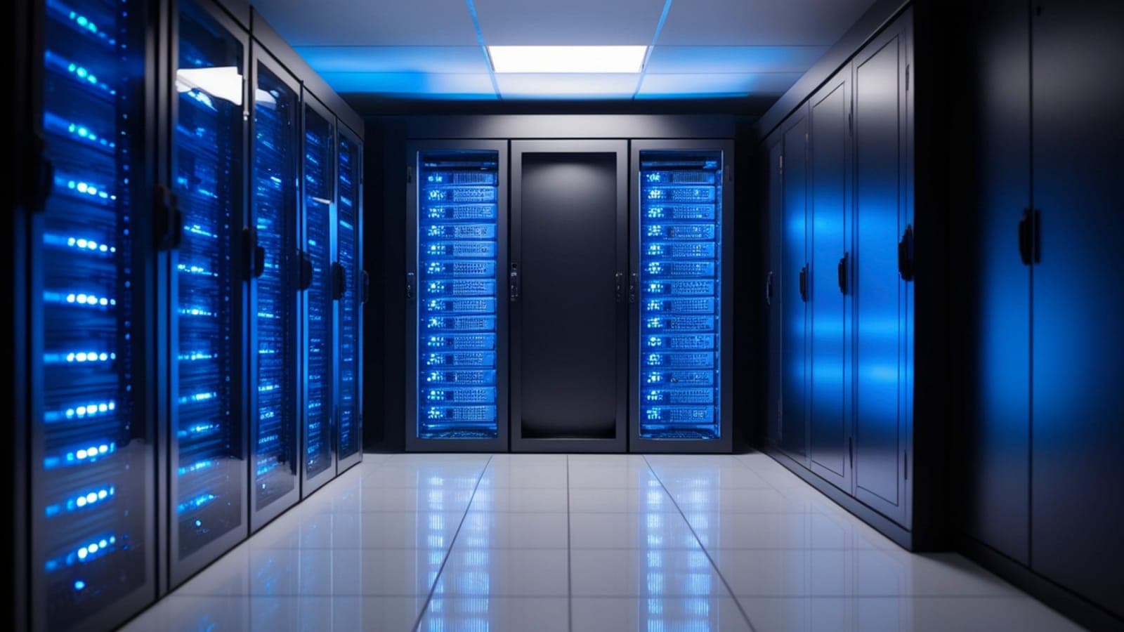 A data-centre corridor lit by server racks